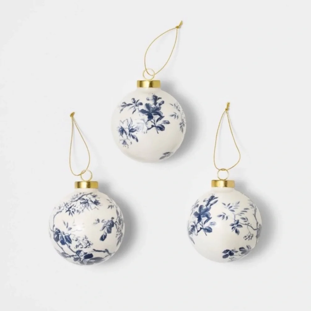 Set of 3 Hand Painted Christmas Ornaments White/Blue - Threshold Studio McGee